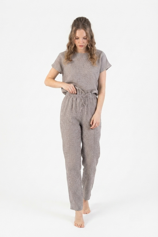 Gestreepte Linnen Pyjama Dames – Donkergrijs & Naturel | 100% Europees Linnen