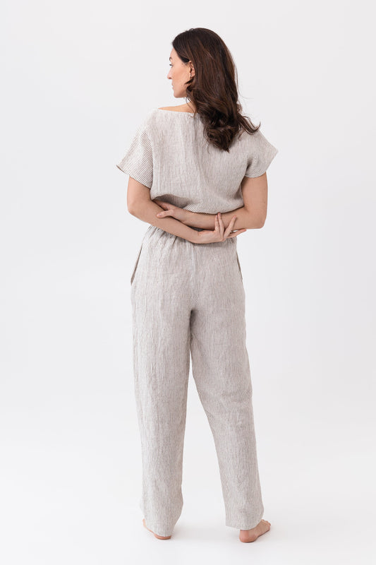Gestreepte Beige Linnen Pyjama Dames – Loungewear van 100% Europees Linnen