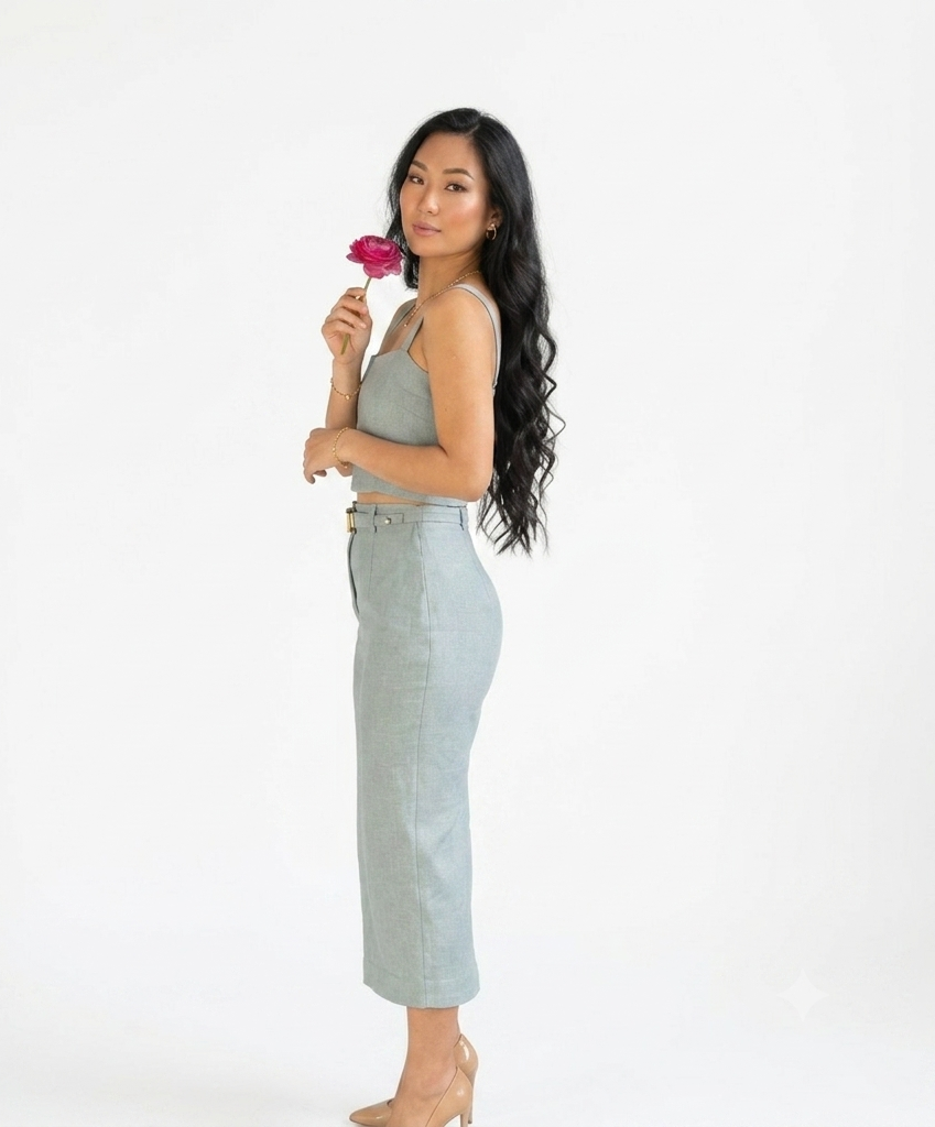 Linnen Crop Top & Midi Rok Set Dames — 100% Europees Linnen | Grijsgroen
