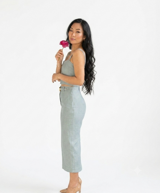 Linnen Crop Top & Midi Rok Set Dames — 100% Europees Linnen | Grijsgroen