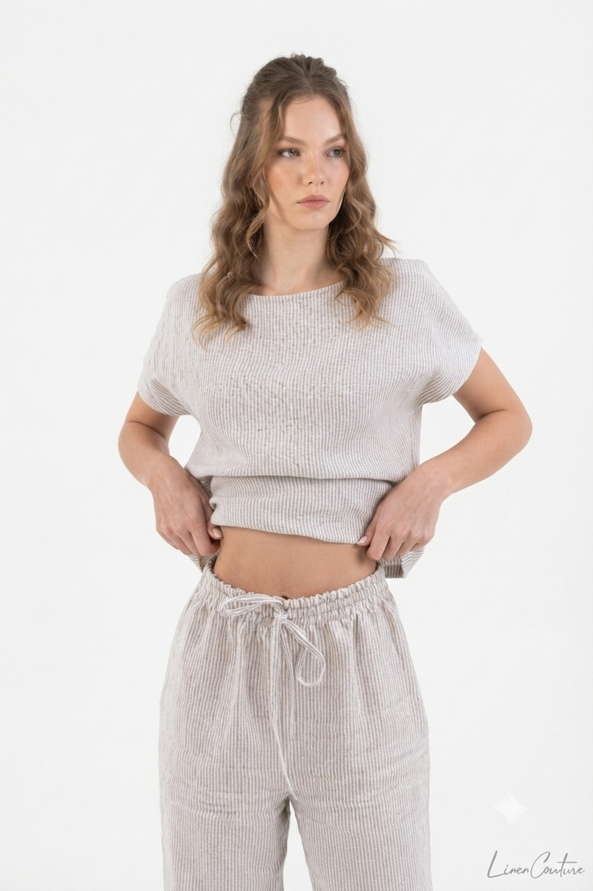 Gestreepte Linnen Pyjama Dames – Donkergrijs &amp; Naturel | 100% Europees Linnen