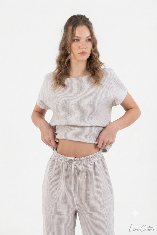 Gestreepte Linnen Pyjama Dames – Donkergrijs &amp; Naturel | 100% Europees Linnen