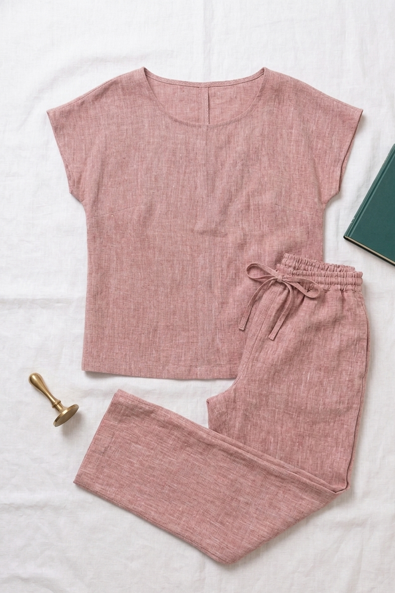 Pink pajama set with a book and gold bell on a white background
