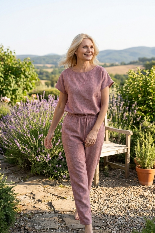 Woman in a pink outfit standing in a garden with lavender and mountains in the background