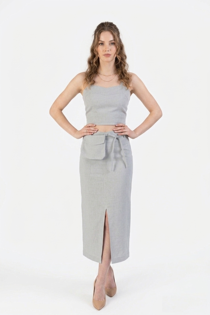 Bella Vita Linnen Set Dames – Lichtgrijs | Crop Top & Midi Rok van 100% Europees Linnen