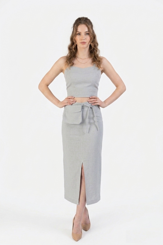 Bella Vita Linnen Set Dames – Lichtgrijs | Crop Top & Midi Rok van 100% Europees Linnen