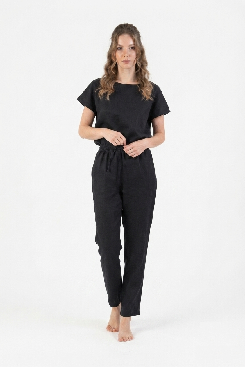 Gestreepte Linnen Pyjama Dames – Donkergrijs &amp; Naturel | 100% Europees Linnen