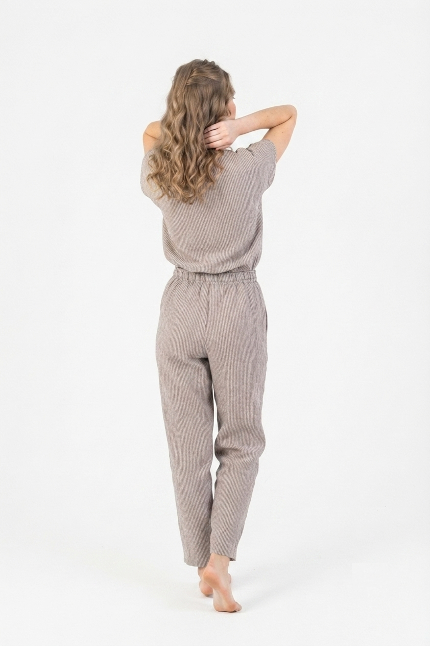 Gestreepte Linnen Pyjama Dames – Donkergrijs &amp; Naturel | 100% Europees Linnen