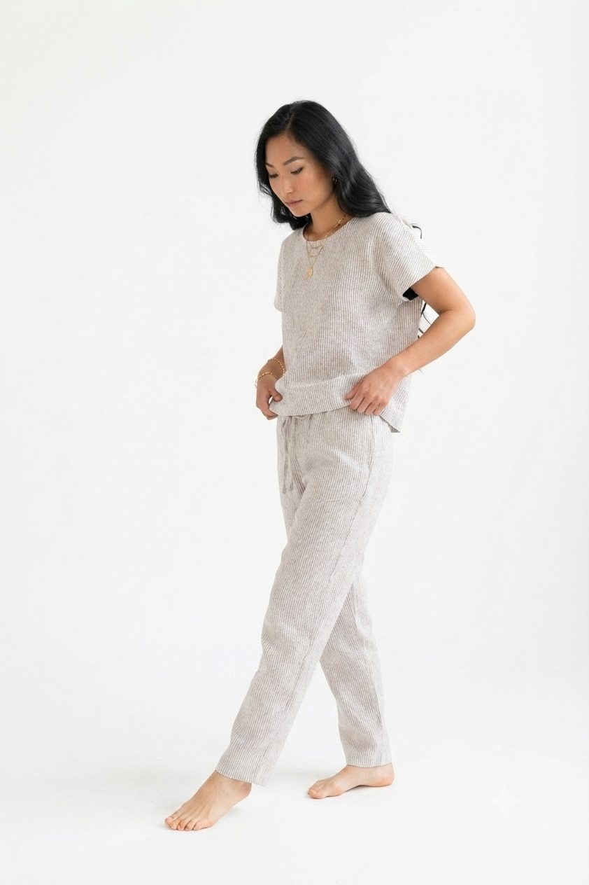 Gestreepte Beige Linnen Pyjama Dames – Loungewear van 100% Europees Linnen