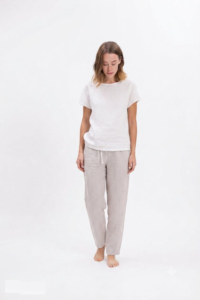 Gestreepte Beige Linnen Pyjama Dames – Loungewear van 100% Europees Linnen