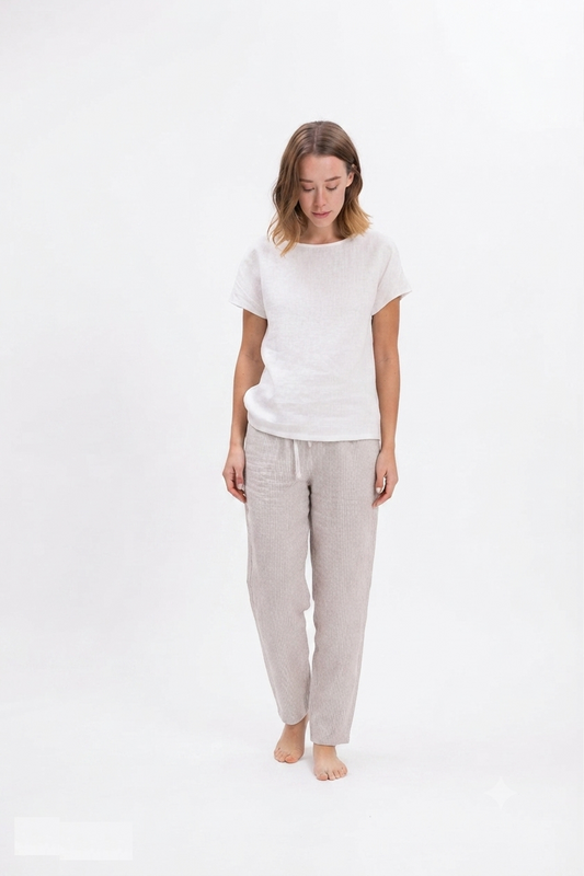 Gestreepte Beige Linnen Pyjama Dames – Loungewear van 100% Europees Linnen