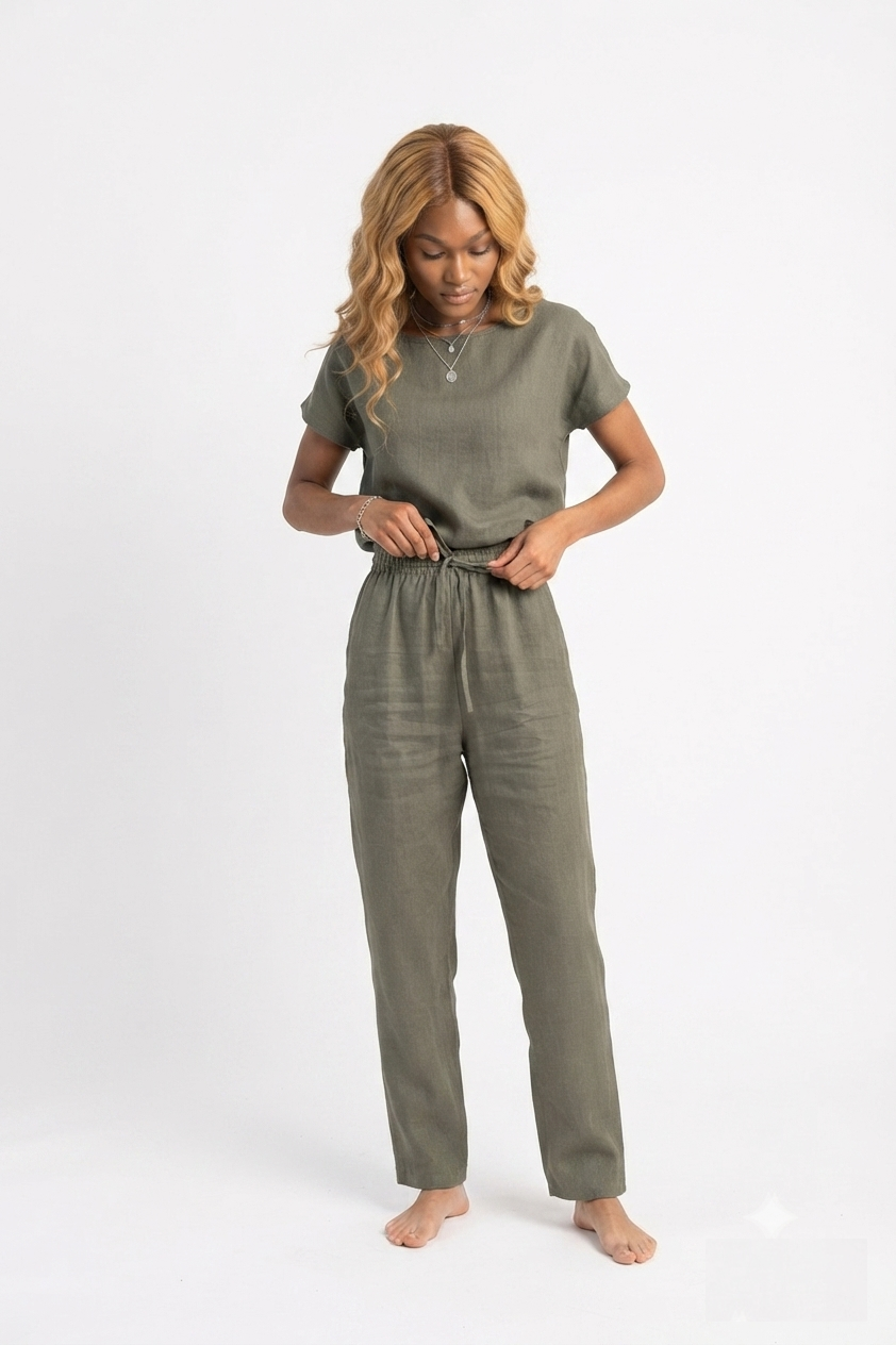 Safari Groene Linnen Pyjama Dames – Loungewear van 100% Europees Linnen