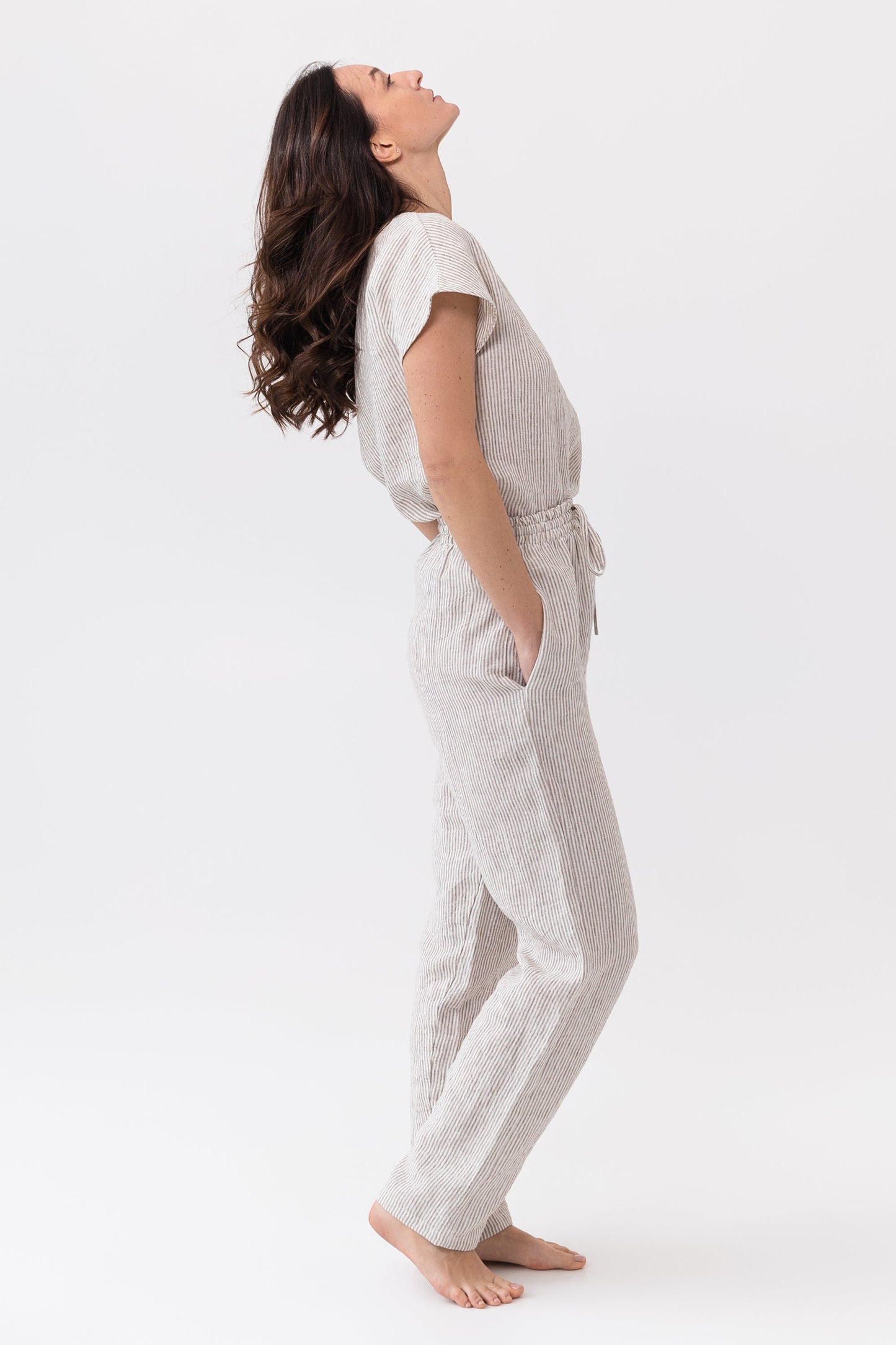 Gestreepte Beige Linnen Pyjama Dames – Loungewear van 100% Europees Linnen
