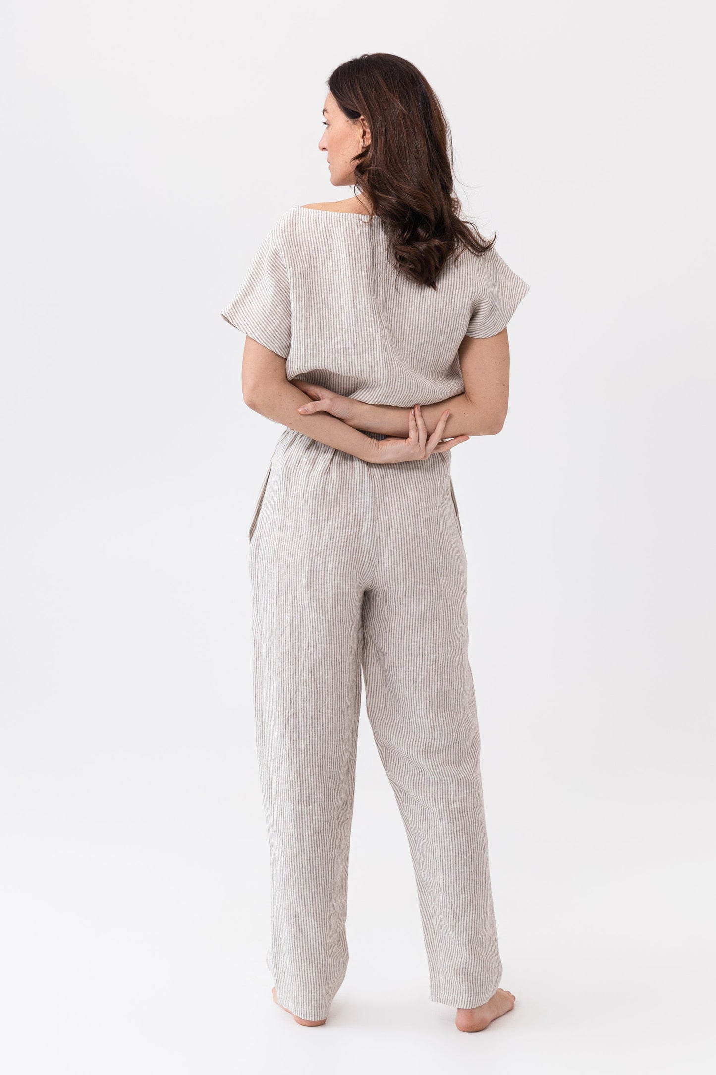 Gestreepte Beige Linnen Pyjama Dames – Loungewear van 100% Europees Linnen